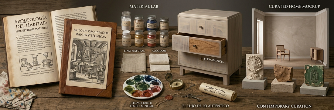 Composición de diseño de interiores 'Arqueología del Habitar' con muestras de cal, arcilla, lino y algodón naturales, pigmentos minerales de Legacy Paint, tratados del Siglo de Oro y una pieza de ebanistería fina con acabado artesanal