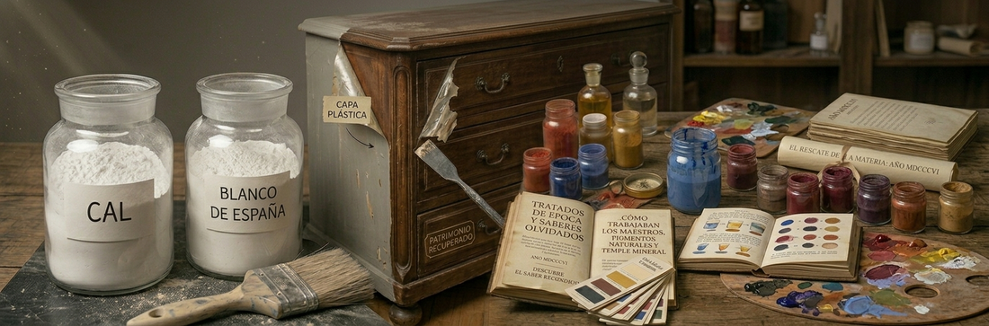 Comparativa de restauración: mueble con capa de pintura plástica levantada frente a materiales tradicionales de ebanistería como Cal, Blanco de España, pigmentos minerales y tratados históricos del siglo XVIII.