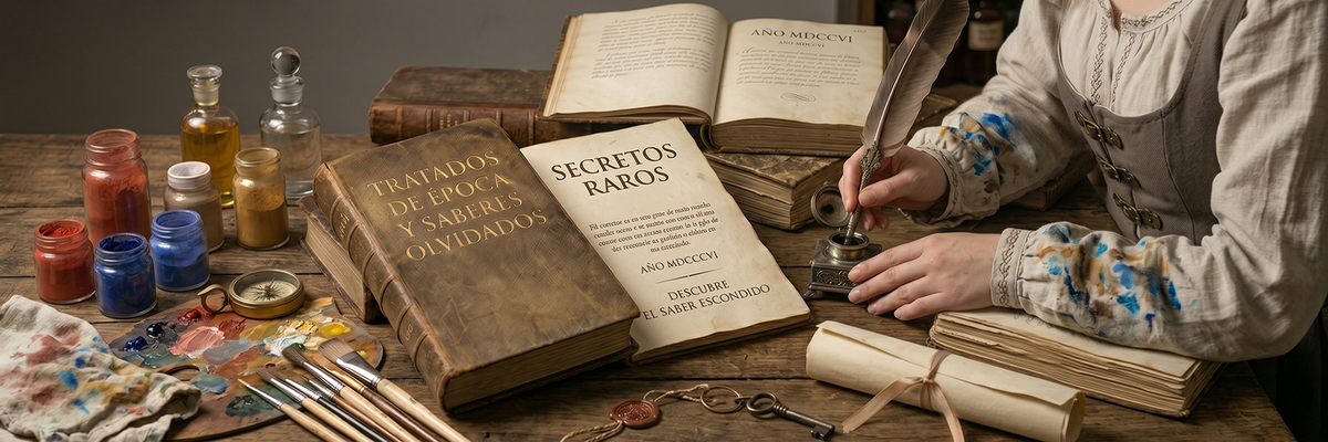 Escena de taller de restauración patrimonial con libros antiguos de ebanistería española de 1806, tarros de pigmentos Legacy Paint naturales, pinceles y una restauradora trabajando sobre documentos