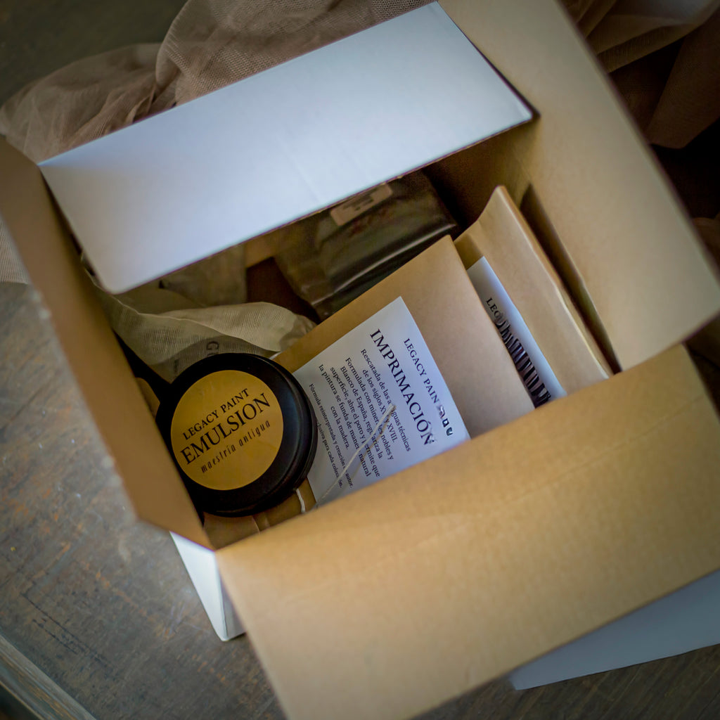 Limited edition Atelier Box by Legacy Paint: Hand-packed Historicist Furniture mediums and mineral pigments. Authentic 18th-century Spanish formulas for bespoke furniture makers and curatorial wood finishes. Artisanal craftsmanship in every detail.