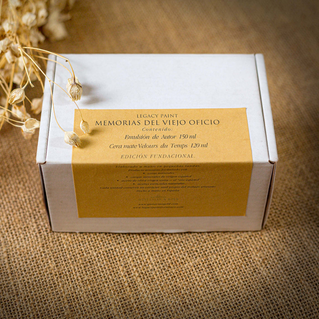 Legacy Paint Studio-Formulated Matter: A fidedign duo of Emulsified Encaustic and Velours Mineral Wax. Small-batch production using technical Spanish olive oil and raw mineral resins. A master-led process where every formula and label is an in-house artisan creation for bespoke furniture curators and historical surface designers