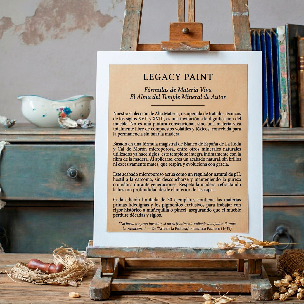 Cartel explicativo de Legacy Paint sobre caballete de madera, detallando las propiedades del Temple Mineral de Autor con Cal de Morón y Blanco de España de La Roda para restauración y reincorporación en muebles de estilo gustaviano bajo la filosofía Slow Design.