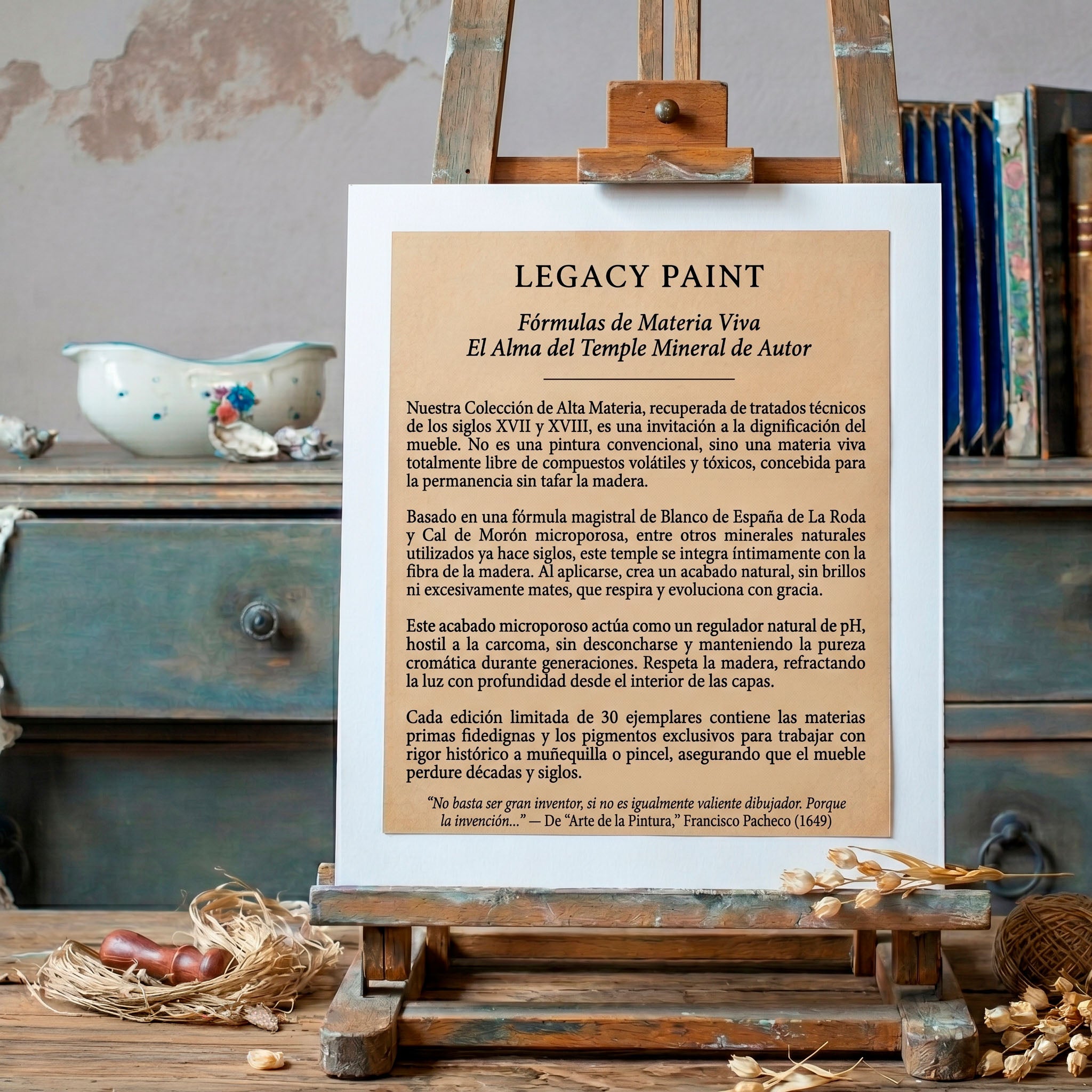 Cartel explicativo de Legacy Paint sobre caballete de madera, detallando las propiedades del Temple Mineral de Autor con Cal de Morón y Blanco de España de La Roda para restauración y reincorporación en muebles de estilo gustaviano bajo la filosofía Slow Design.