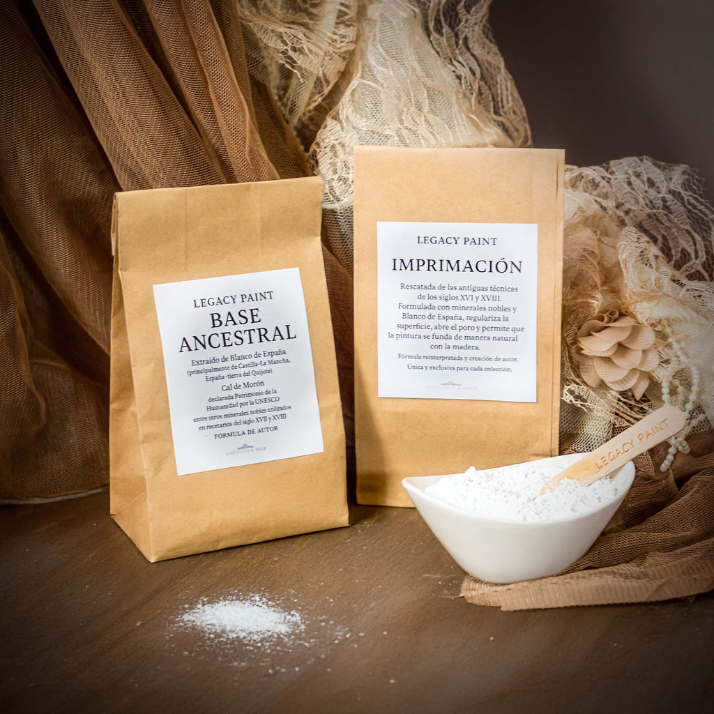 Ancestral Artisanal Primer and Mineral Base for pigments. Spanish Golden Age formulas featuring Blanco de España for historicist furniture finishes and professional atelier use